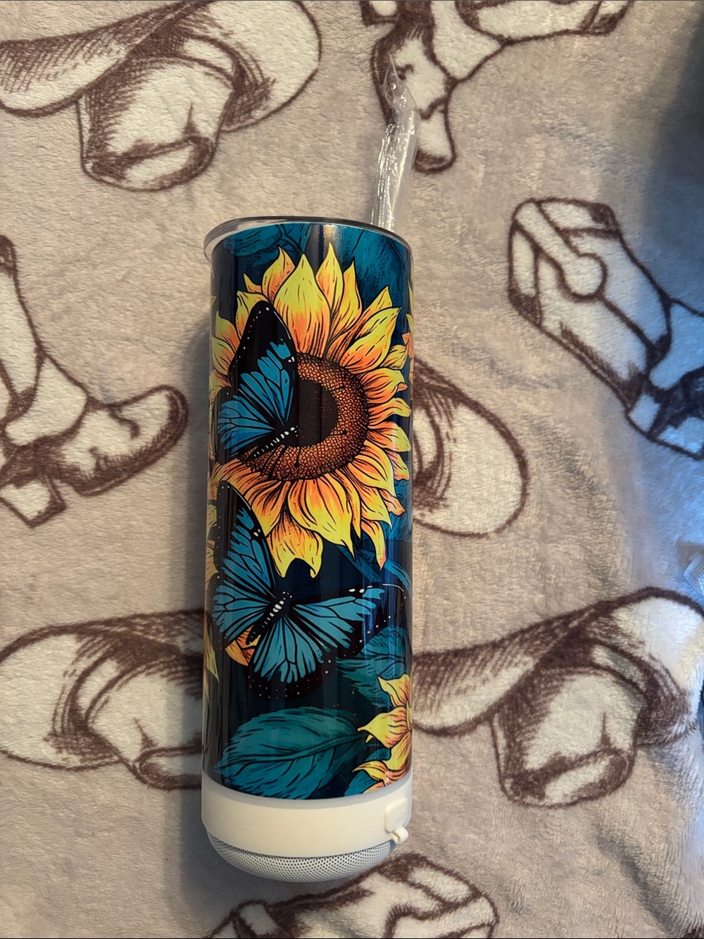 Sunflower & Blue Butterfly Decorative Tumbler with Speaker- Home Accents